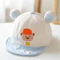 Cute beige baby baseball cap featuring bear embroidery and a soft blue brim with ears - Bear Sky Blue Brim Style