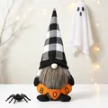 Decorative Halloween gnome plush with black white plaid hat and BOO banner display - Black and White Grid Hat Faceless Gnome