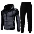 Men's slim fit color-block hooded tracksuit with double zipper jacket and joggers - M / Black and Gray