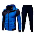 Men's slim fit color block tracksuit set with double zipper hoodie and black pants - M / Black Blue