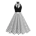 Vintage Hepburn style black and white polka dot halter dress with bow and belt - S / White