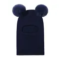 Navy blue knitted baby balaclava with double pompoms for winter warmth. - One Size / Navy Blue