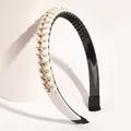 Elegant white leather headband featuring gold chain accent and non-slip inner teeth - White Chain Style