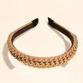 Elegant tan leather headband featuring a gold chain decoration and non-slip grip. - Khaki Chain Style