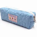 Sky blue quilted floral pillow pencil case with pearl zipper pull for students. - Blue