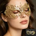 Elegant gold metal laser-cut masquerade mask with sparkling rhinestones for women - Pointed Toe Small