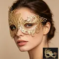 Luxurious gold metal laser-cut masquerade mask with crystals for women's party events - Phoenix