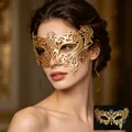 Detailed gold metal filigree masquerade mask with sparkling rhinestones worn by a model - Zirconia Inlaid Style