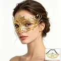 Elegant gold metal filigree masquerade mask with rhinestones for adult Halloween parties. - Clover - White Zirconia