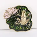 Detailed vintage enamel frog on lily pad brooch with a delicate pink lotus flower - Frog and Lotus (XH-1095)
