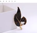 Elegant vintage-style dark brown enamel leaf brooch with white pearls in gold finish - Retro Leaf Style (XH-1061) / Dark Brown