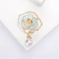 Elegant gold-tone rose brooch featuring blue petals and a dangling white pearl pendant - Pearly Flower with Pearl Pendant (XH-1104) / Light Blue