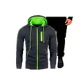Men's casual grey hooded zip-up sweatshirt with lime green accents and front pockets - M / Top And Bottom / Dark Gray
