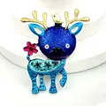 Colorful artistic blue enamel deer brooch pin with gold antlers and pink flower detail - Colorful Gradient Elk (XH-1540)