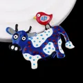 Colorful enamel cow and bird brooch pin jewelry for clothing accessories - Cartoon Spotted Cow and Bird Brooch (XH-1544) / Blue