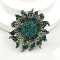 Vintage style green sunflower brooch with dark metal finish and sparkling rhinestones - Green Sunflower (XH-1602)