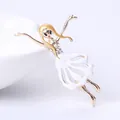 Elegant golden dancing girl brooch pin featuring white enamel dress and crystals - White Skirt Dancing Girl Brooch (XH-1761) / White