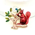 Vintage enamel red squirrel brooch featuring golden tree and crescent moon rhinestone - Squirrel Moon Enamel Brooch (MYL-1587) / Red