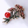 Exquisite vintage floral brooch pin featuring red rhinestones and a large red bead accent - Vintage Red Rhinestone Bouquet (XH-1171)