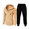 Survêtement homme en polaire jacquard 2 pièces avec sweat à capuche kaki et pantalon - Kaki et Noir
