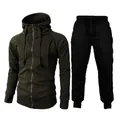 Men's fleece hooded sports tracksuit set with dark green zip-up jacket and black pants - S / Military Green And Black