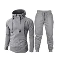 Men's gray sports fleece tracksuit set with hooded zip jacket and joggers pants - S / Light Gray