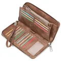 Large capacity RFID brown PU leather long wallet with multi-card slots and strap - Tan