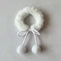 Soft white plush scrunchie featuring a delicate bow and cute hanging pom-poms - Bow Pom Pom Style / White