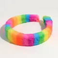 Colorful plush rainbow striped wide headband with soft faux fur for women's hair styling - Rainbow