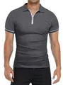 Front view of a men's slim fit dark grey polo shirt with zipper collar and white trim. - Dark Gray