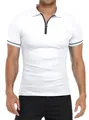 Eng anliegendes Herren Polo-Shirt in Weiß mit Reißverschluss und Streifen am Ärmel - S / Weiß