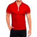 Close-up of red men's slim fit polo shirt featuring a white zipper and collar detail - Red