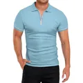 Detail eines schmal geschnittenen Herren-Poloshirts mit Reißverschlusskragen - S / Hellblau