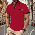 Men's slim fit red short sleeve polo shirt with black and grey color blocking accents. - Red