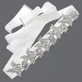 Elegant white satin bridal sash belt featuring intricate silver rhinestone floral motifs - 115cm / Five-Petal Flower Silver Rhinestone/White Satin Ribbon