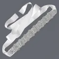 Exquisite bridal waist belt with silver rhinestones and white satin ribbon for wedding dresses - 115cm / Floral Pattern Silver Rhinestone/White Satin Ribbon