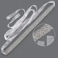Elegant silver rhinestone bridal sash with white organza ribbon and close-up detail - 115cm / Rhombus Intertwined Silver Rhinestone/White Organza