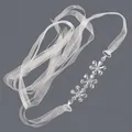 Elegant bridal silver rhinestone belt with crystal flower accents and white ribbon - 115cm / Three Crystal Petals/White Organza Ribbon
