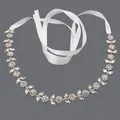Elegant silver floral rhinestone bridal belt with a long white ribbon tie for dresses - 115cm / Flower Leaf Silver Rhinestone/White Satin Ribbon