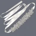 Elegant silver floral rhinestone bridal belt with white satin ribbon for wedding gown - 115cm / Dense Flower Leaf Silver Rhinestone/White Satin Ribbon