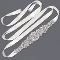 Elegant bridal sash with silver rhinestones on a white satin ribbon for wedding dresses - 115cm / Symmetric Floral Silver Rhinestone/White Satin Ribbon
