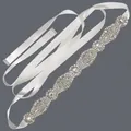 High-end silver rhinestone bridal belt featuring elegant white satin ribbon ties for weddings - 115cm / Vintage Floral Silver Rhinestone/White Satin Ribbon