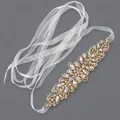Elegant bridal sash with sparkling rhinestones and pearls on white ribbon - 115cm / Marquise Round Pearl Silver/White Organza