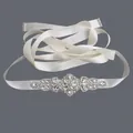Elegant ivory satin bridal sash belt with intricate silver rhinestone floral motif - 115cm / Radial Symmetric Flower/Ivory Satin Ribbon