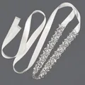 Elegant silver rhinestone bridal belt featuring a white satin ribbon for wedding dresses - 115cm / Floral Leaf Silver Rhinestone/White Satin Ribbon