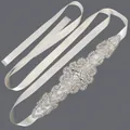 Elegant silver rhinestone bridal belt with ivory satin ribbon tie for wedding gowns - 115cm / Scroll Heart Silver Rhinestone/Cream Satin Ribbon