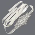 Luxury bridal silver rhinestone belt with elegant white satin ribbon tie for wedding - 115cm / Radial Flower Cluster Silver Rhinestone/White Satin Ribbon