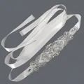 Elegant silver rhinestone bridal belt with white satin ribbon for wedding dress accessories - 115cm / Symmetric Navette Rhinestone Pearl/White Satin Ribbon