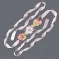 Elegant bridal flower sash with pink and yellow fabric blooms and satin ribbon belt. - 115cm / Multi-Color Cloth Flower Pearl/Pink Satin Ribbon