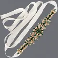 Elegant bridal wedding sash with emerald green and clear rhinestones on white ribbon - 115cm / Dark Green Transparent Rhinestone/White Satin Ribbon